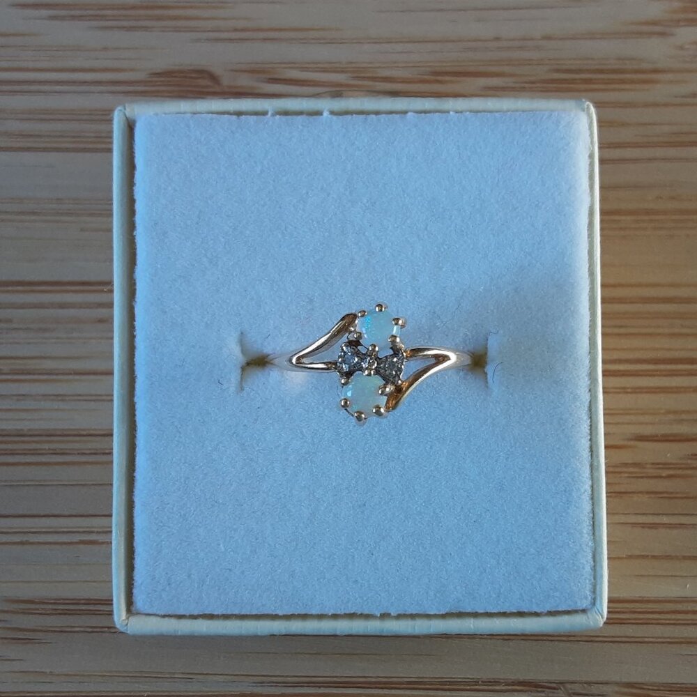 Dainty Opal and Diamond 14K Yellow Gold Ring